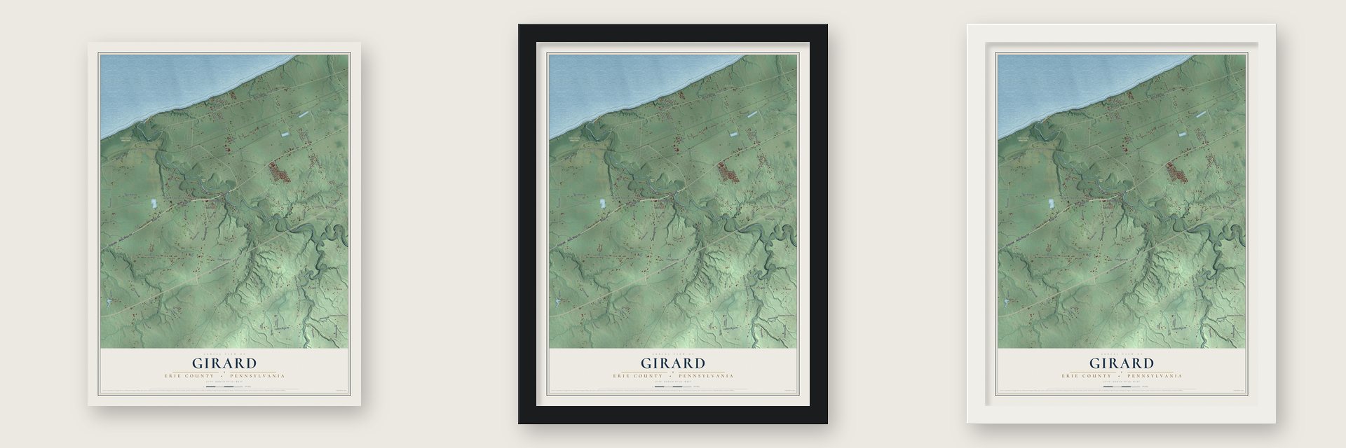 Girard, Erie County, Pennsylvania map unframed, in a black wood frame and in a white wood frame