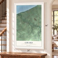 Girard, Erie County, Pennsylvania map, 24 x 36 inch print in a white frame by a staircase