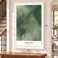 Girard, Georgia map, 24 x 36 inch print in a white frame by a staircase