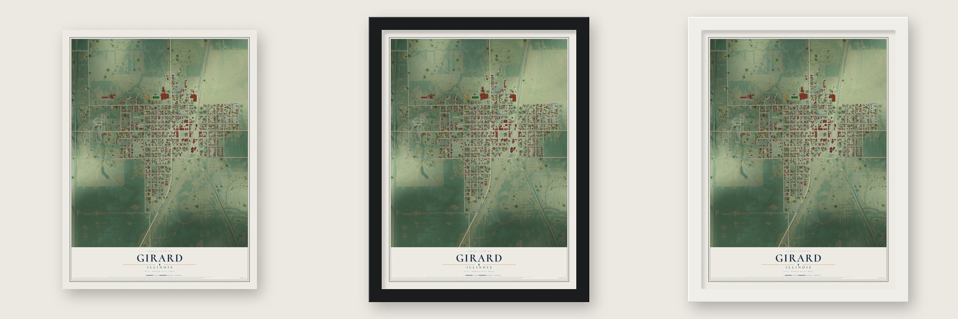 Girard, Illinois map unframed, in a black wood frame and in a white wood frame