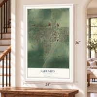 Girard, Illinois map, 24 x 36 inch print in a white frame by a staircase