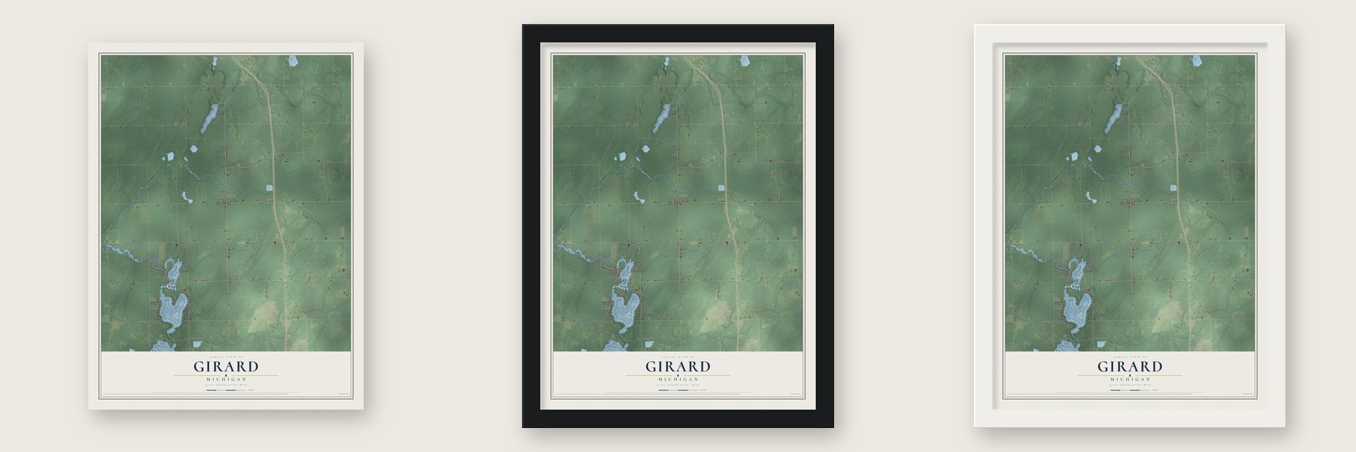 Girard, Michigan map unframed, in a black wood frame and in a white wood frame