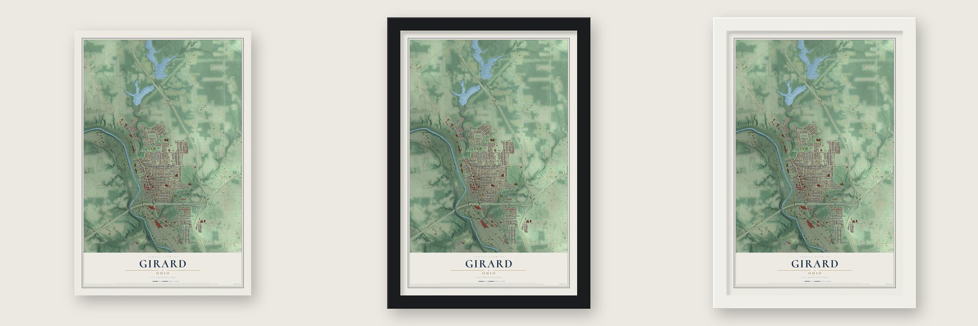 Girard, Ohio map unframed, in a black wood frame and in a white wood frame