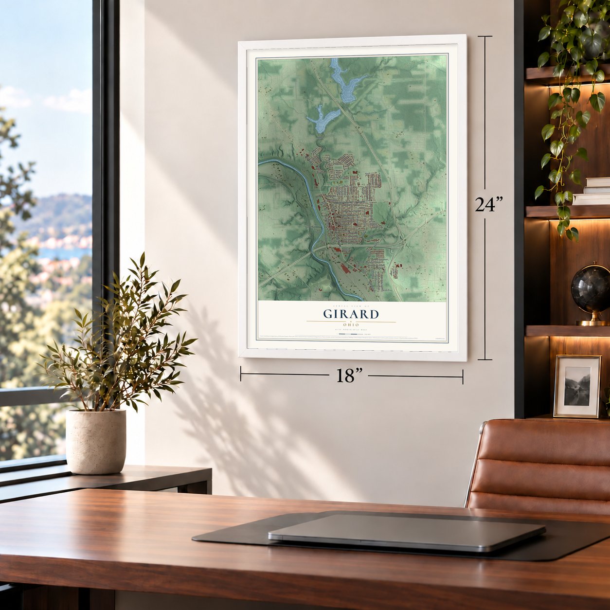 Girard, Ohio map, 18 x 24 inch print in a white frame in a home office
