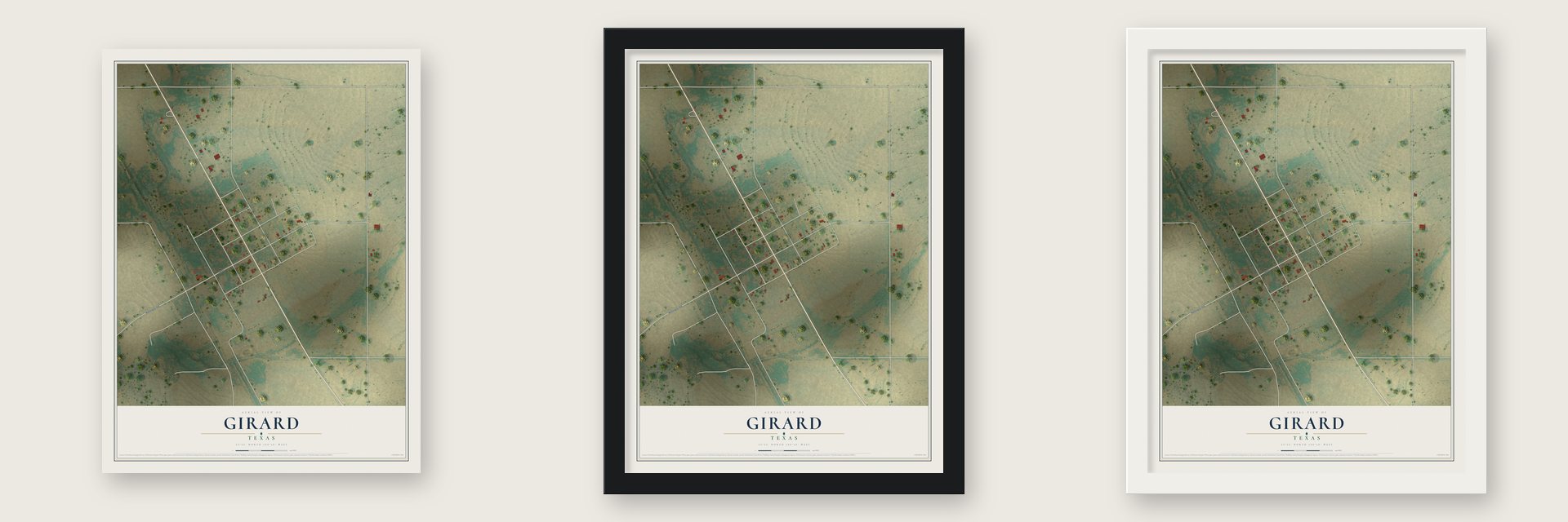 Girard, Texas map unframed, in a black wood frame and in a white wood frame