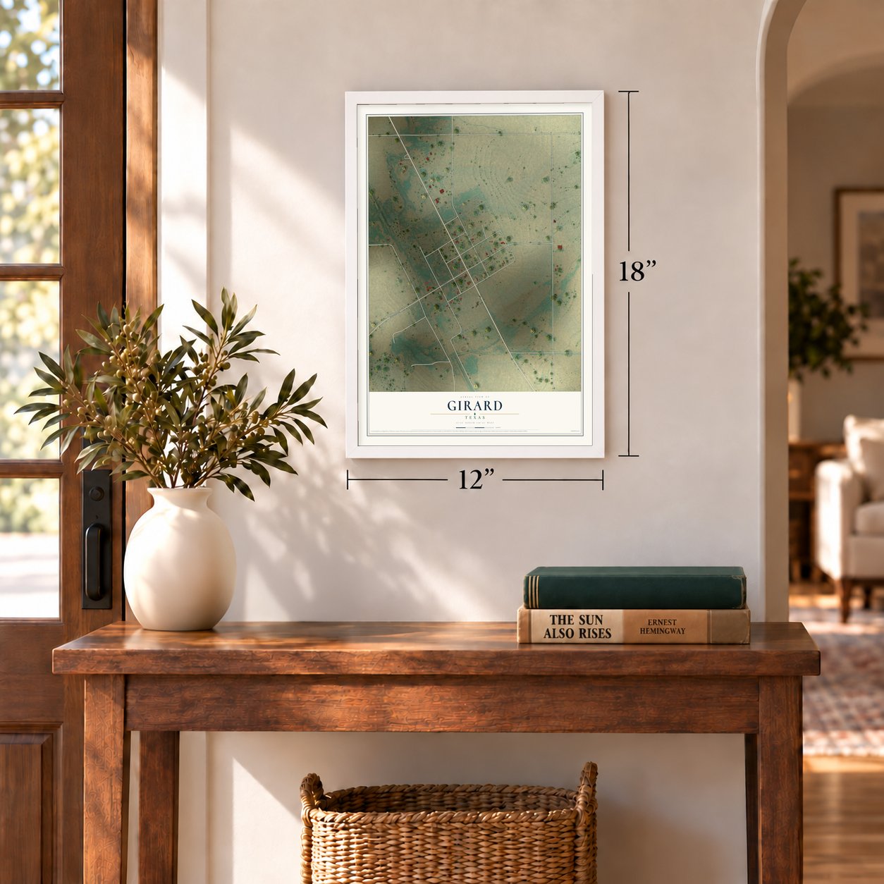 Girard, Texas map, 12 x 18 inch print in a white frame in an entryway