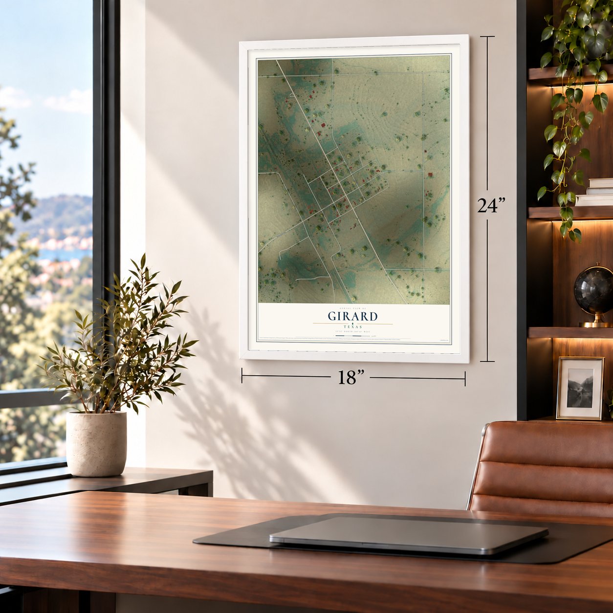 Girard, Texas map, 18 x 24 inch print in a white frame in a home office