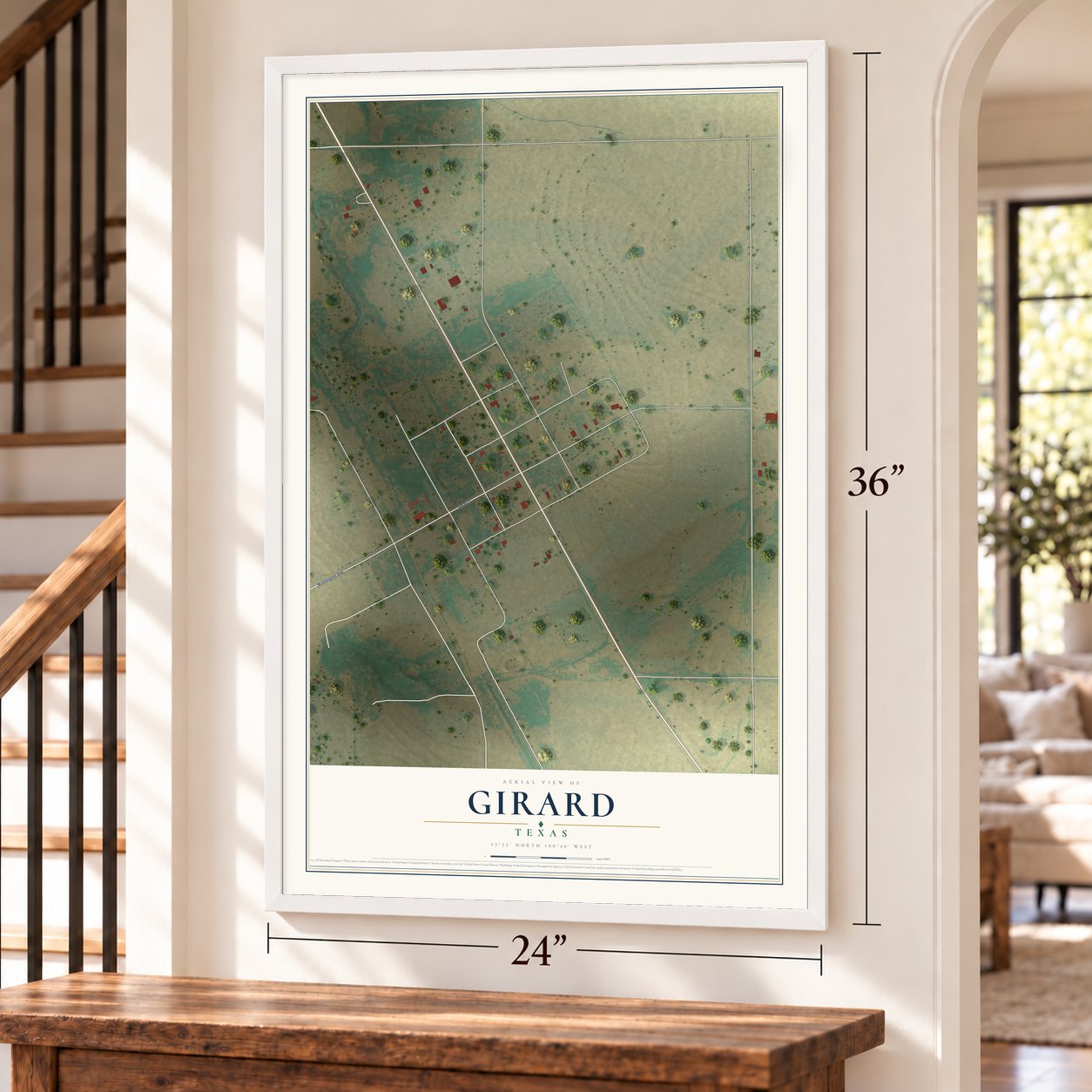 Girard, Texas map, 24 x 36 inch print in a white frame by a staircase