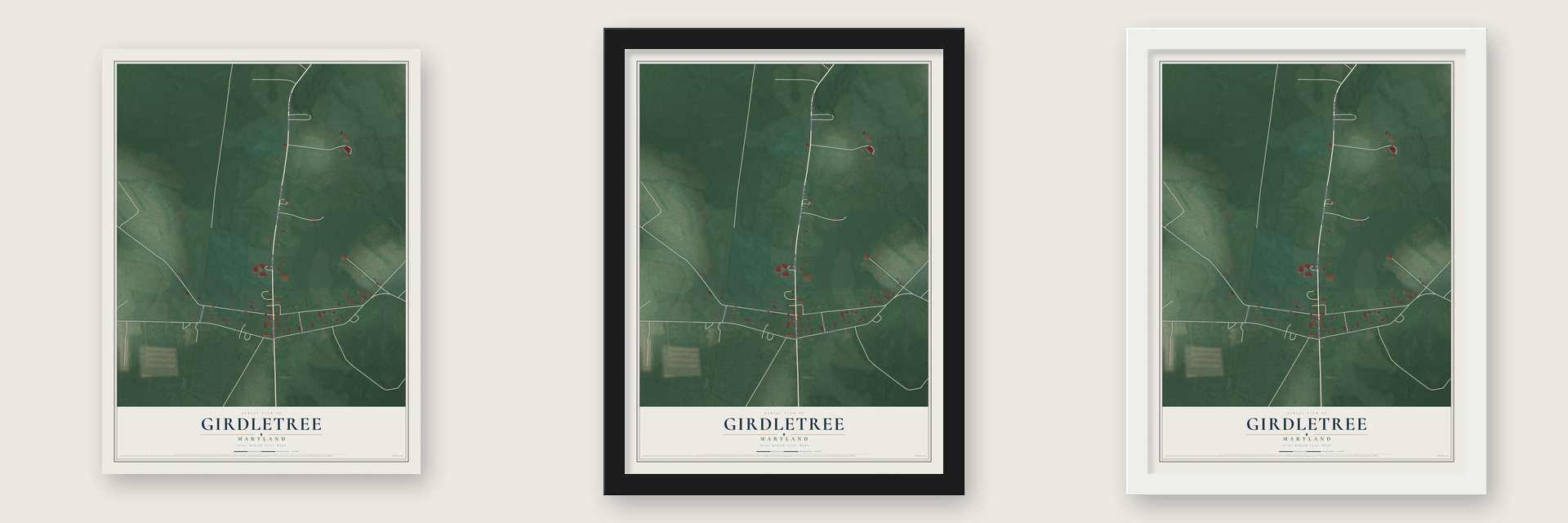 Girdletree, Maryland map unframed, in a black wood frame and in a white wood frame