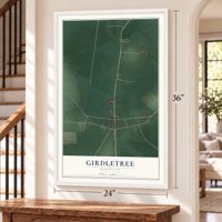 Girdletree, Maryland map, 24 x 36 inch print in a white frame by a staircase