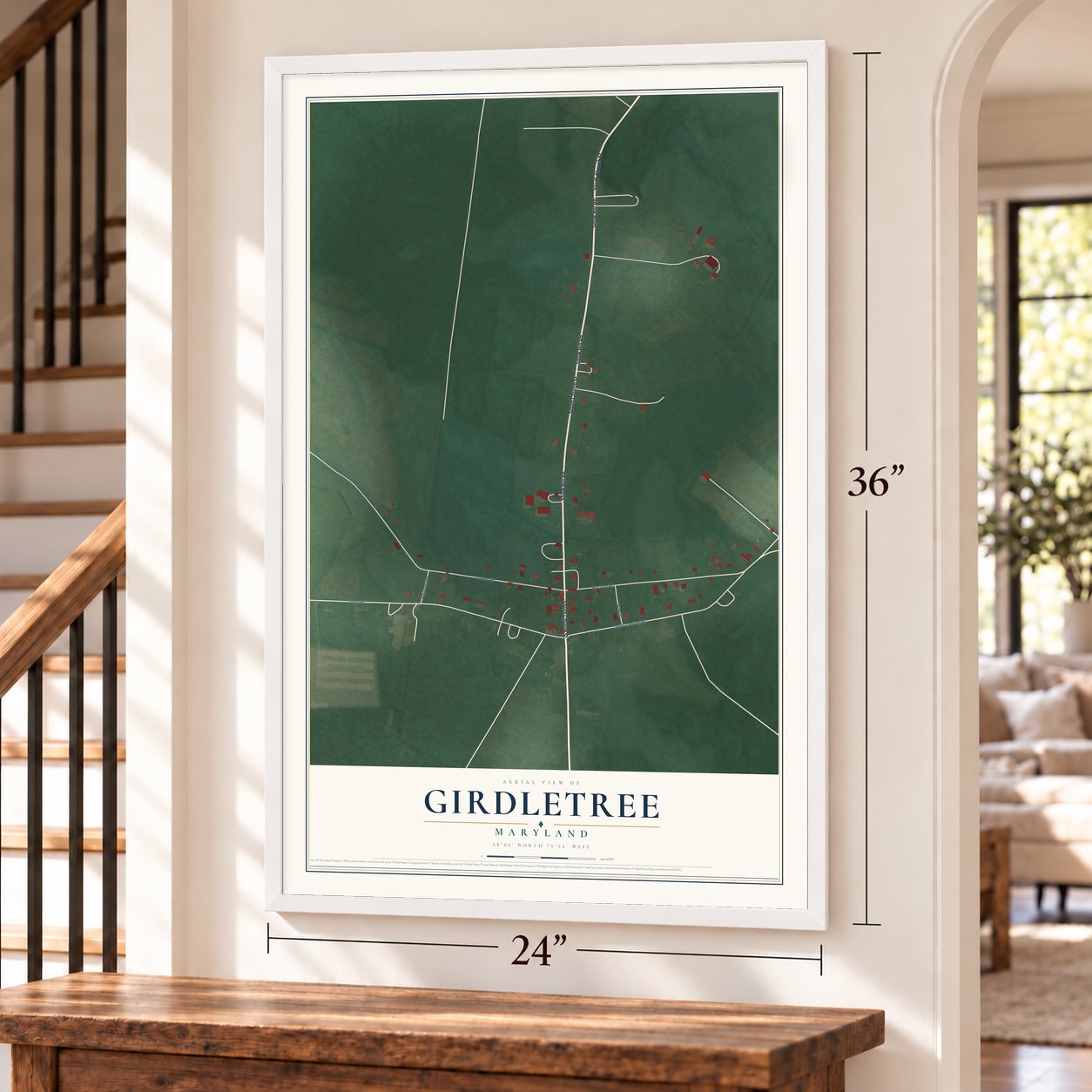 Girdletree, Maryland map, 24 x 36 inch print in a white frame by a staircase