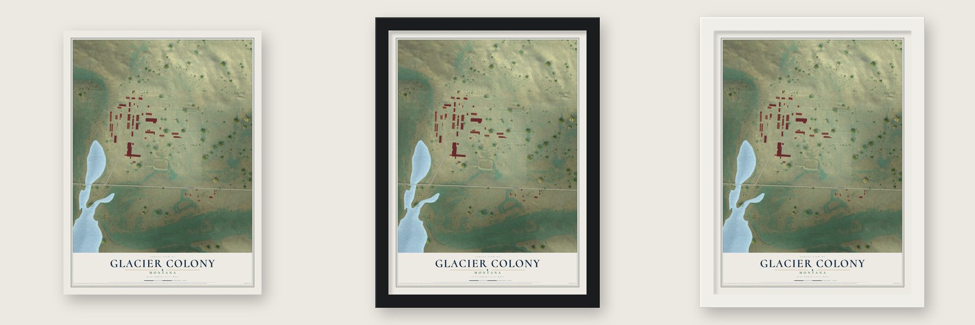 Glacier Colony, Montana map unframed, in a black wood frame and in a white wood frame