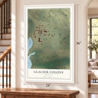Glacier Colony, Montana map, 24 x 36 inch print in a white frame by a staircase