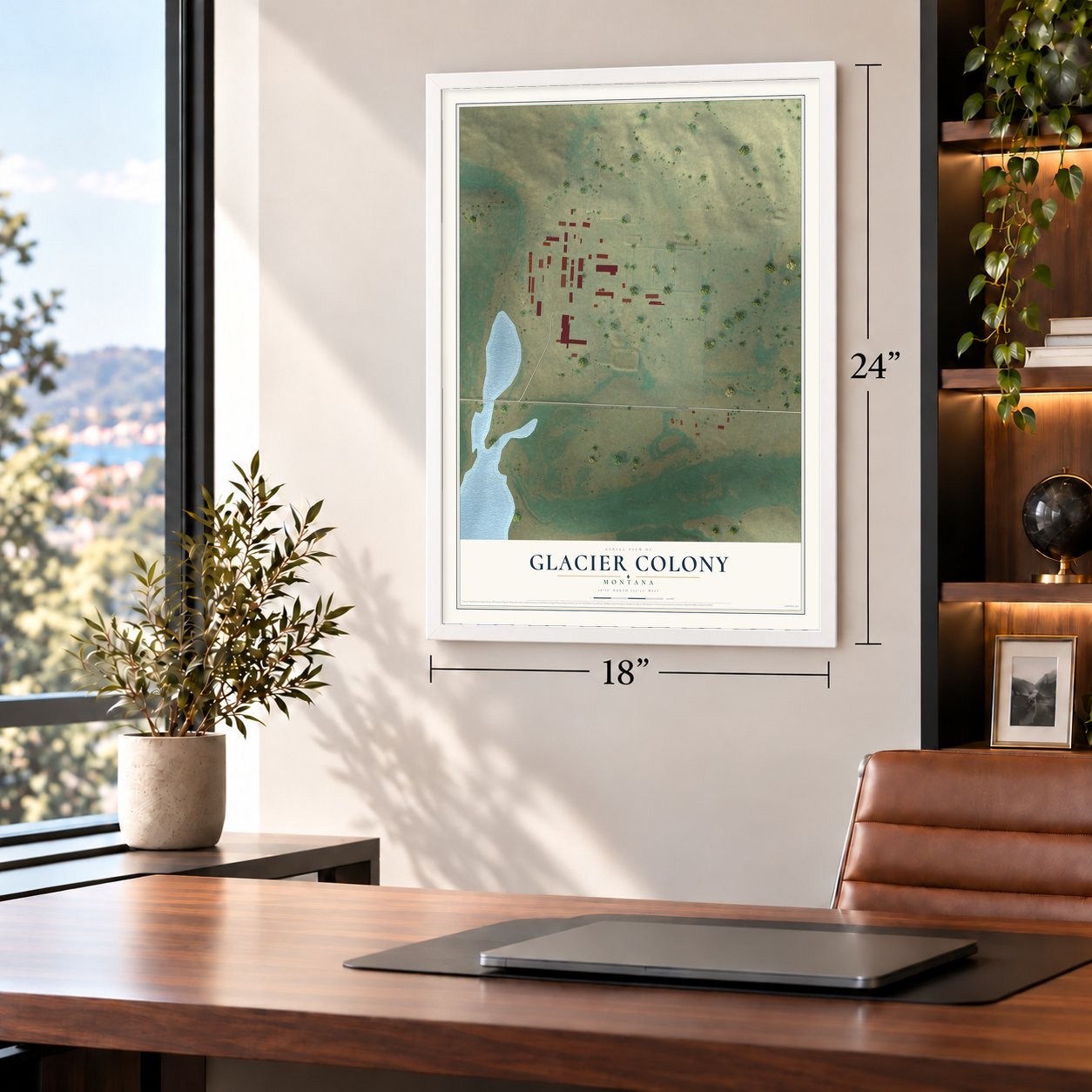 Glacier Colony, Montana map, 18 x 24 inch print in a white frame in a home office