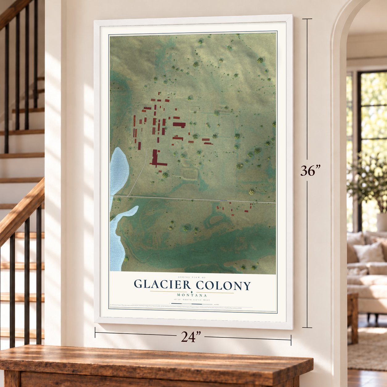 Glacier Colony, Montana map, 24 x 36 inch print in a white frame by a staircase