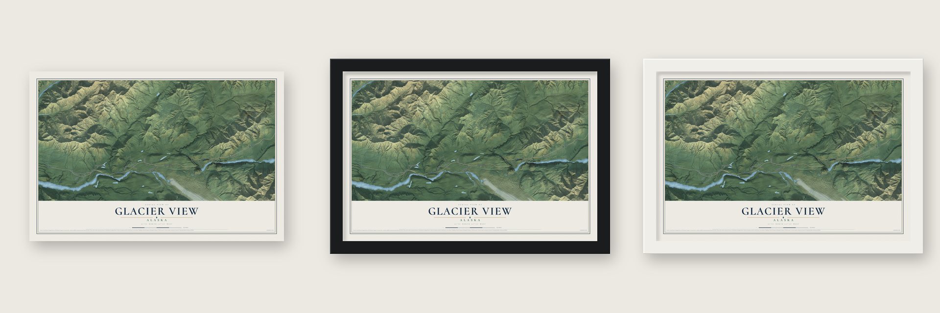 Glacier View, Alaska map unframed, in a black wood frame and in a white wood frame