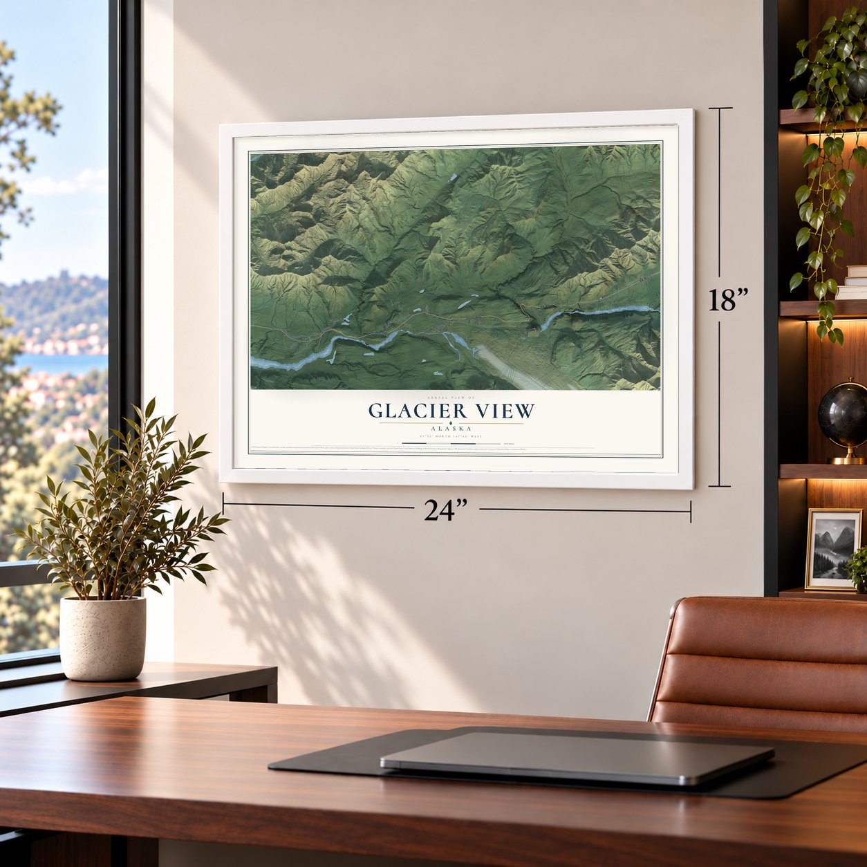 Glacier View, Alaska map, 18 x 24 inch print in a white frame in a home office