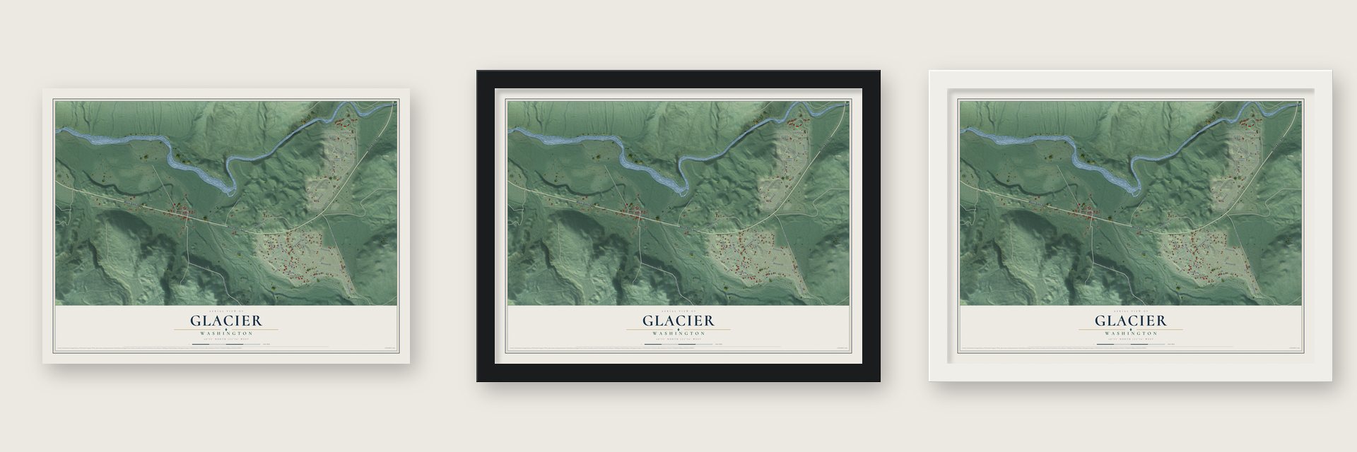 Glacier, Washington map unframed, in a black wood frame and in a white wood frame