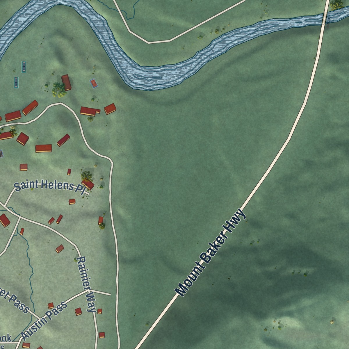 Second close-up of the map of Glacier, Washington print showing more streets and buildings