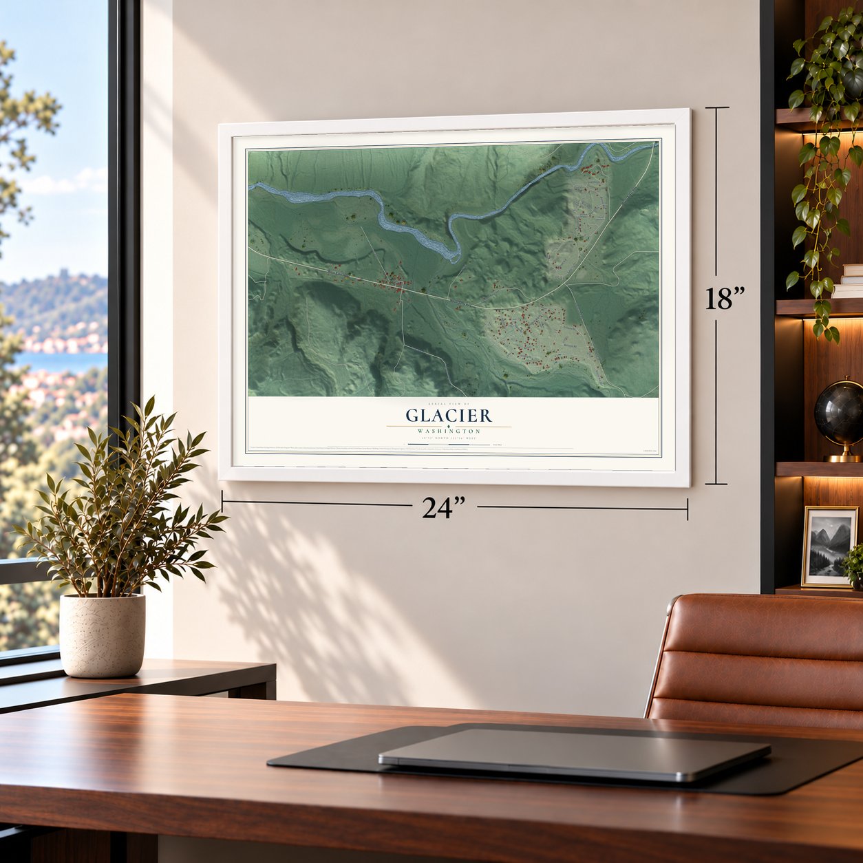 Glacier, Washington map, 18 x 24 inch print in a white frame in a home office