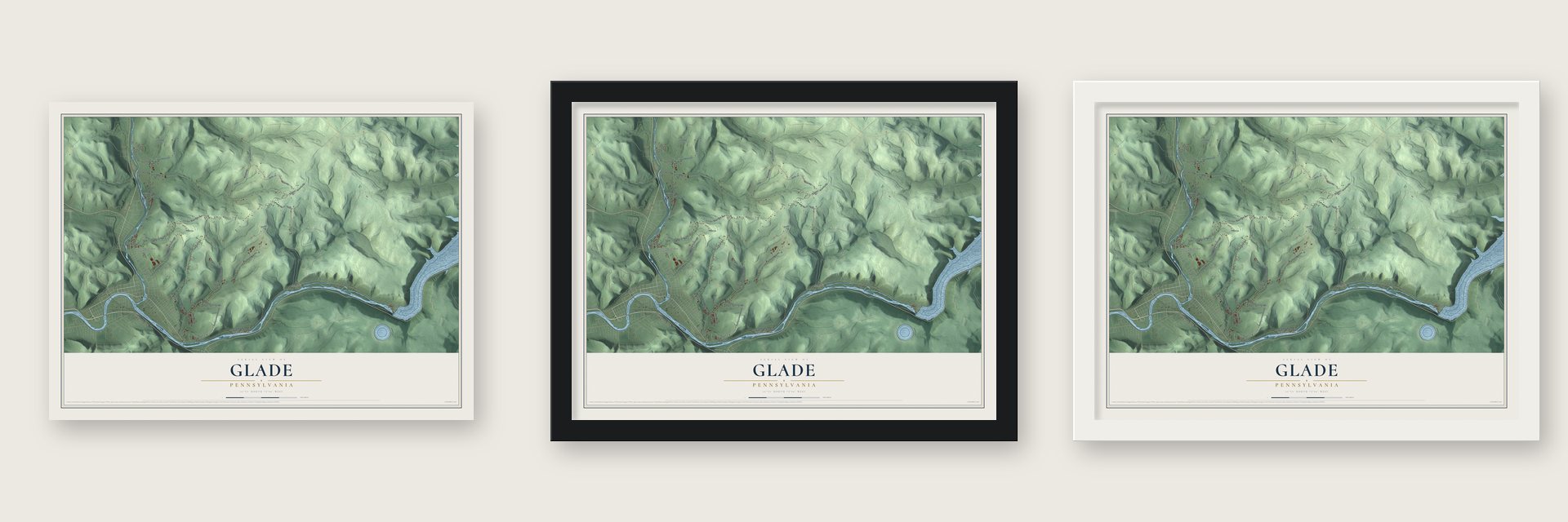 Glade, Pennsylvania map unframed, in a black wood frame and in a white wood frame