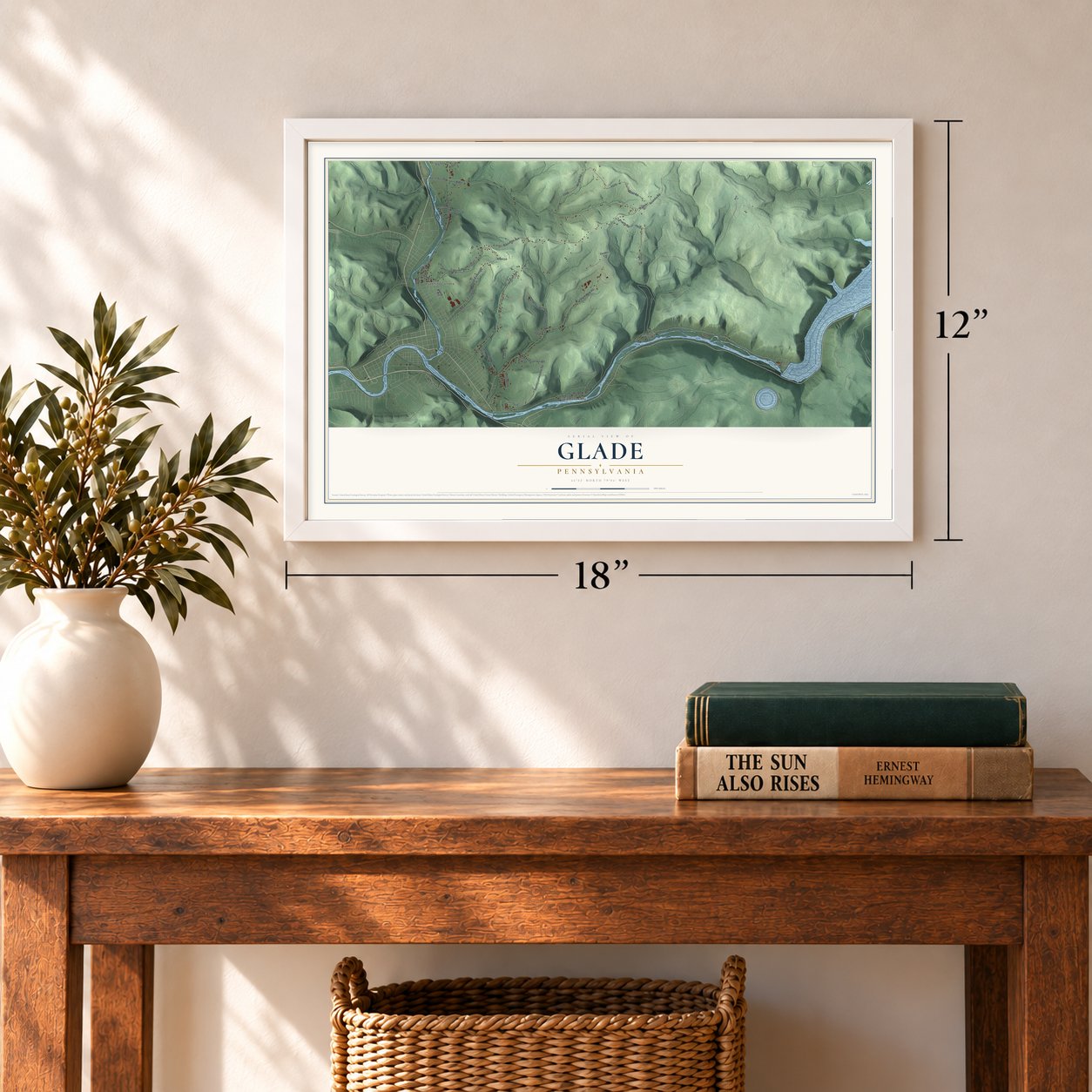 Glade, Pennsylvania map, 12 x 18 inch print in a white frame in an entryway