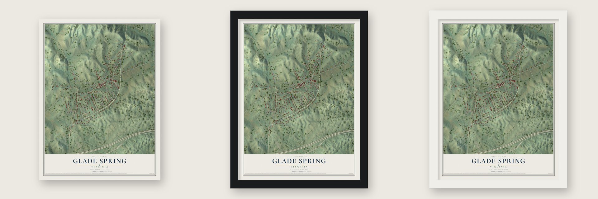Glade Spring, Virginia map unframed, in a black wood frame and in a white wood frame