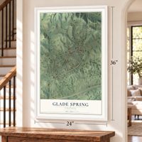 Glade Spring, Virginia map, 24 x 36 inch print in a white frame by a staircase