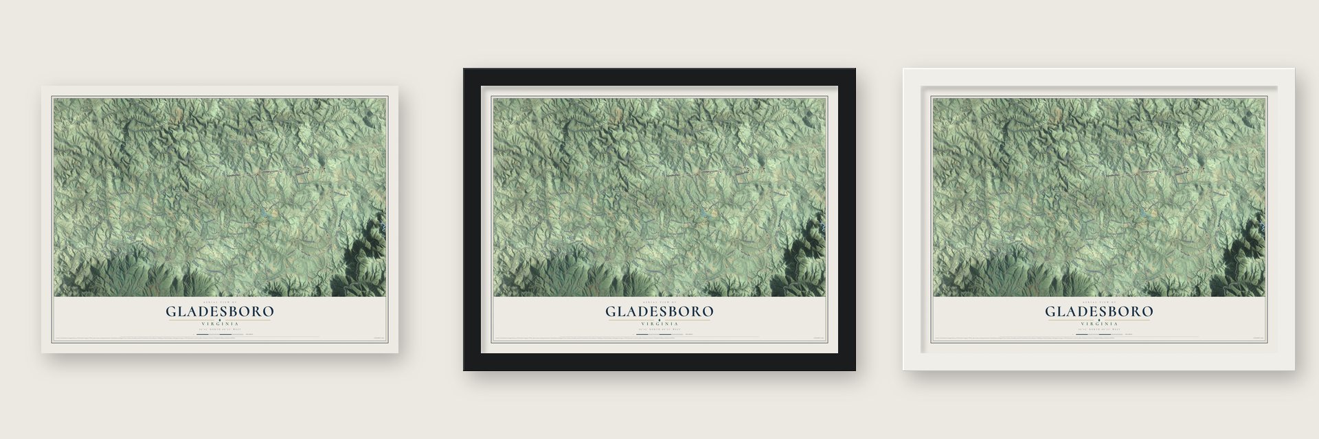 Gladesboro, Virginia map unframed, in a black wood frame and in a white wood frame