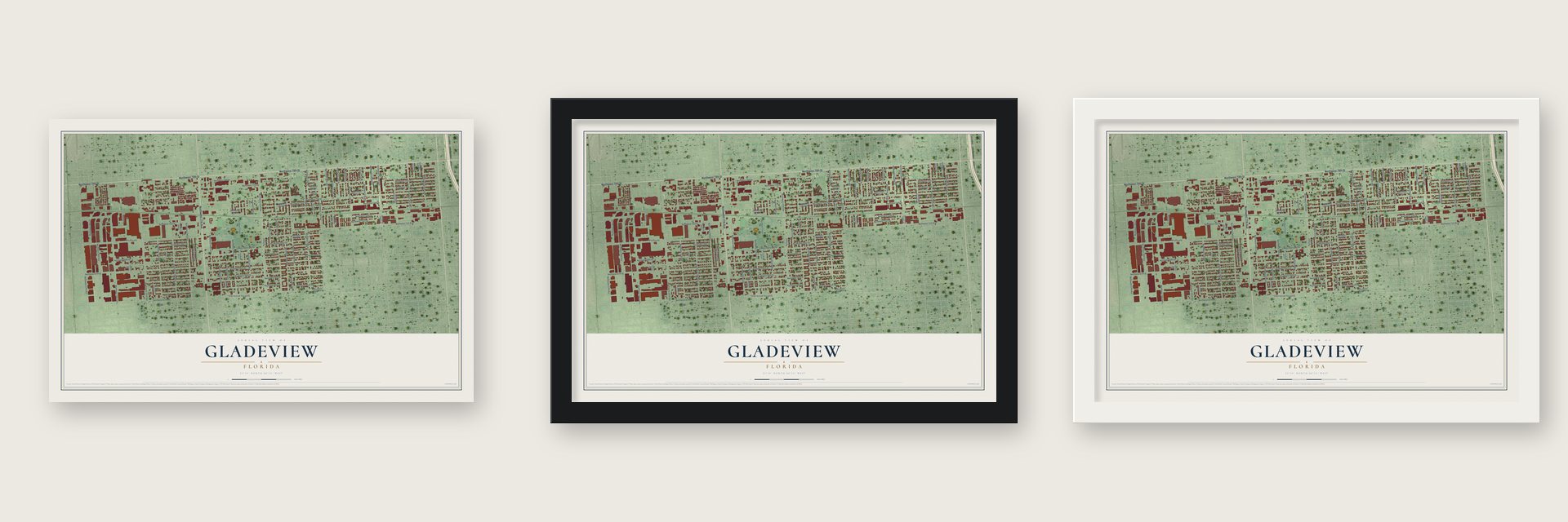 Gladeview, Florida map unframed, in a black wood frame and in a white wood frame