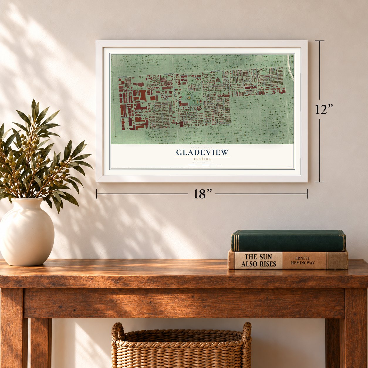 Gladeview, Florida map, 12 x 18 inch print in a white frame in an entryway