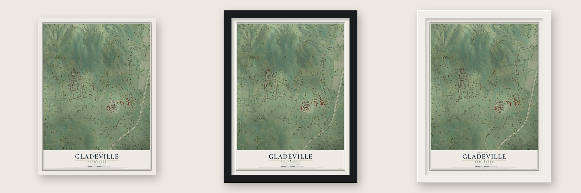 Gladeville, Tennessee map unframed, in a black wood frame and in a white wood frame