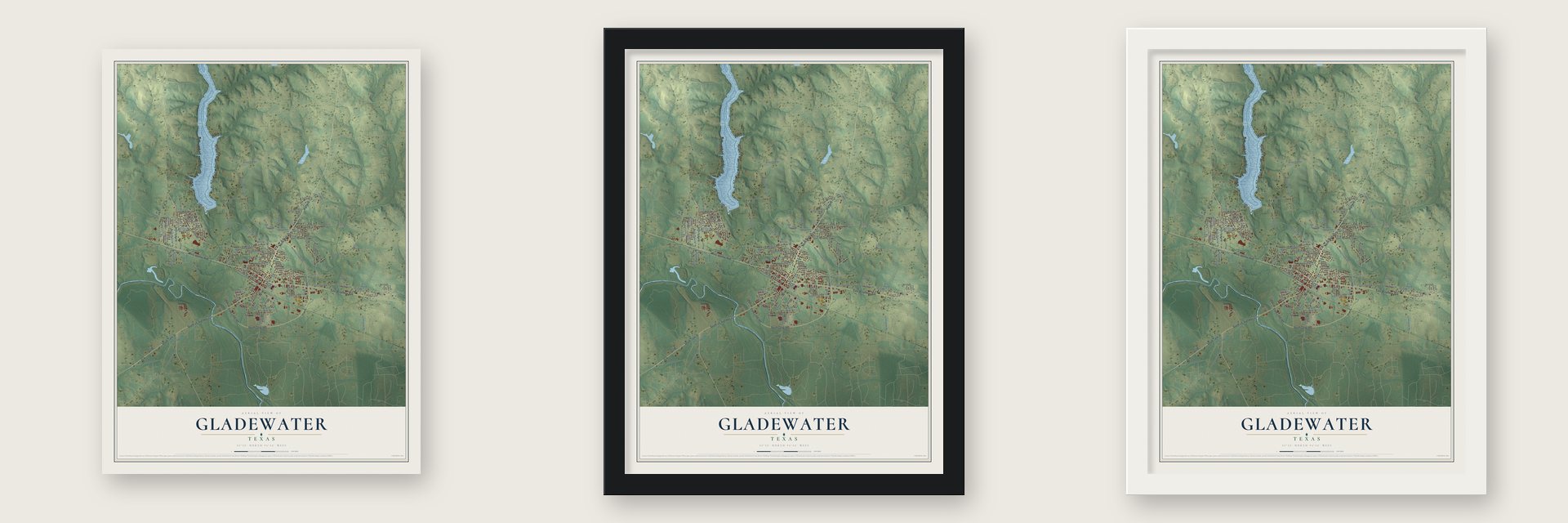 Gladewater, Texas map unframed, in a black wood frame and in a white wood frame