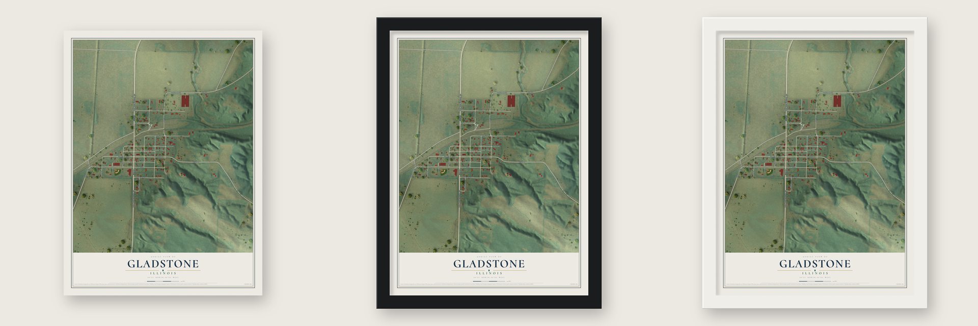 Gladstone, Illinois map unframed, in a black wood frame and in a white wood frame