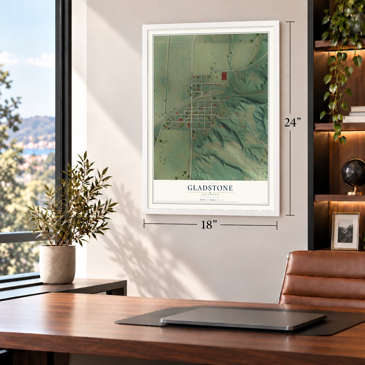 Gladstone, Illinois map, 18 x 24 inch print in a white frame in a home office
