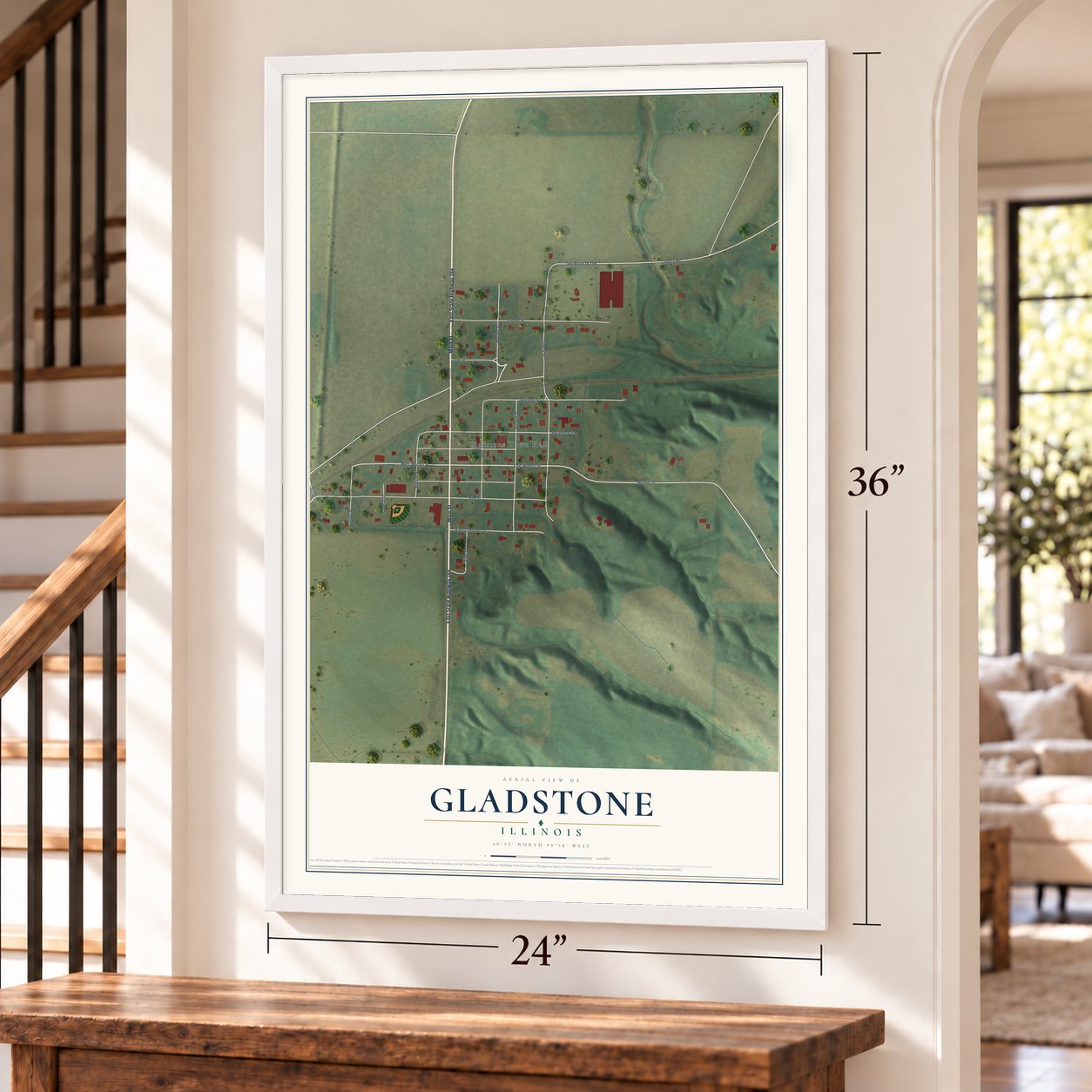 Gladstone, Illinois map, 24 x 36 inch print in a white frame by a staircase
