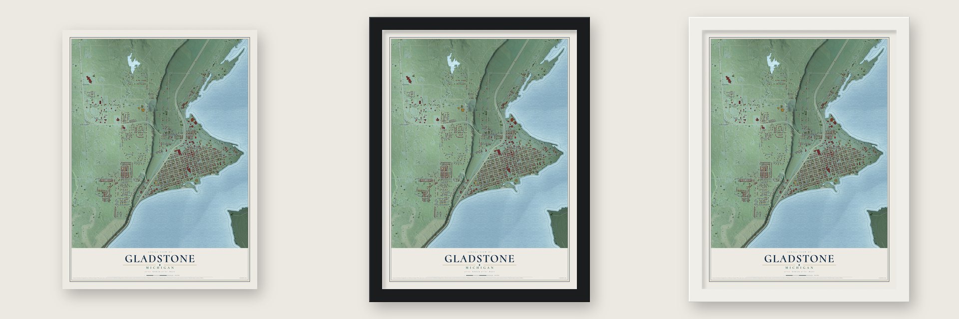 Gladstone, Michigan map unframed, in a black wood frame and in a white wood frame