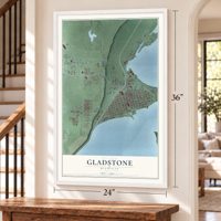 Gladstone, Michigan map, 24 x 36 inch print in a white frame by a staircase