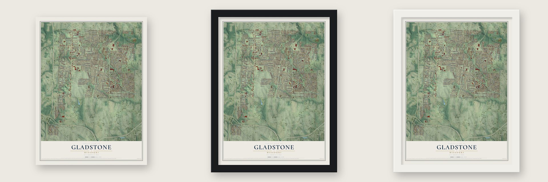 Gladstone, Missouri map unframed, in a black wood frame and in a white wood frame