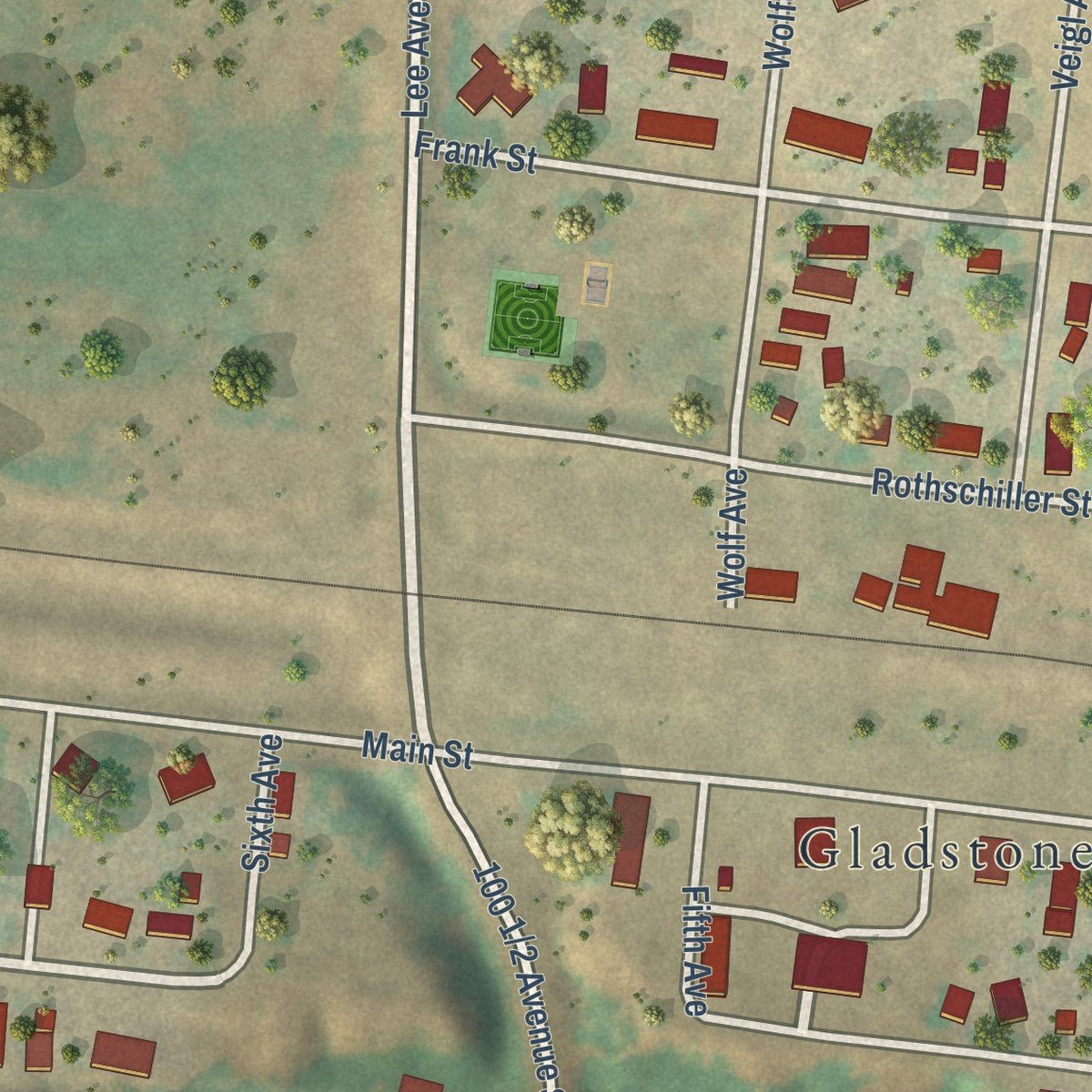 Second close-up of the map of Gladstone, North Dakota print showing more streets and buildings
