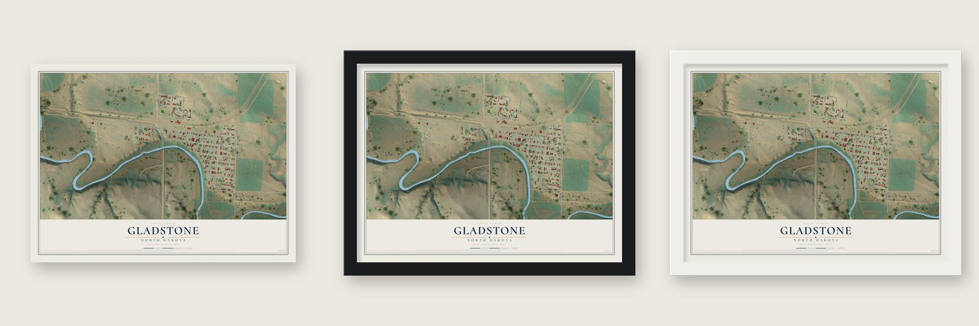 Gladstone, North Dakota map unframed, in a black wood frame and in a white wood frame