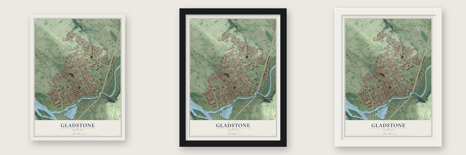 Gladstone, Oregon map unframed, in a black wood frame and in a white wood frame