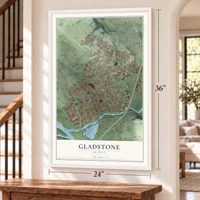 Gladstone, Oregon map, 24 x 36 inch print in a white frame by a staircase
