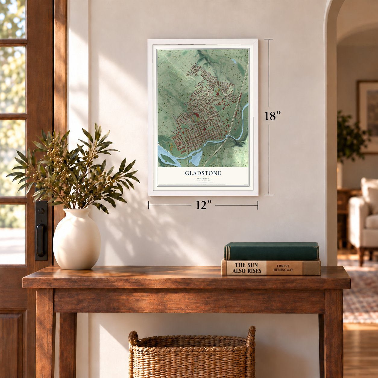 Gladstone, Oregon map, 12 x 18 inch print in a white frame in an entryway