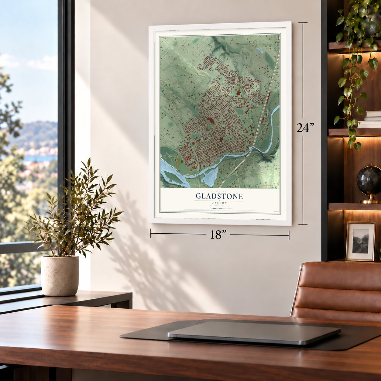 Gladstone, Oregon map, 18 x 24 inch print in a white frame in a home office