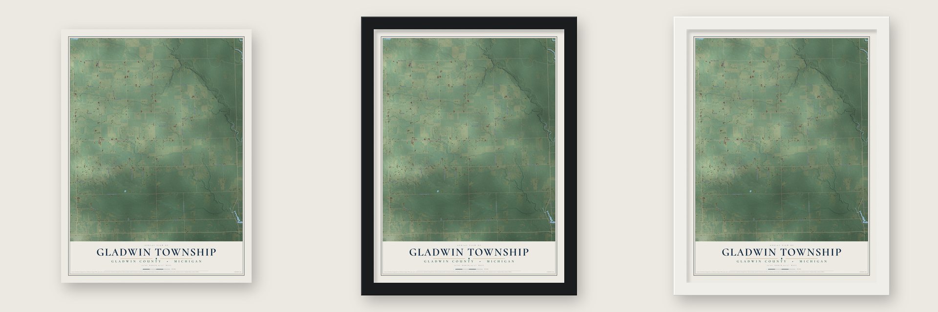 Gladwin Township, Michigan map unframed, in a black wood frame and in a white wood frame