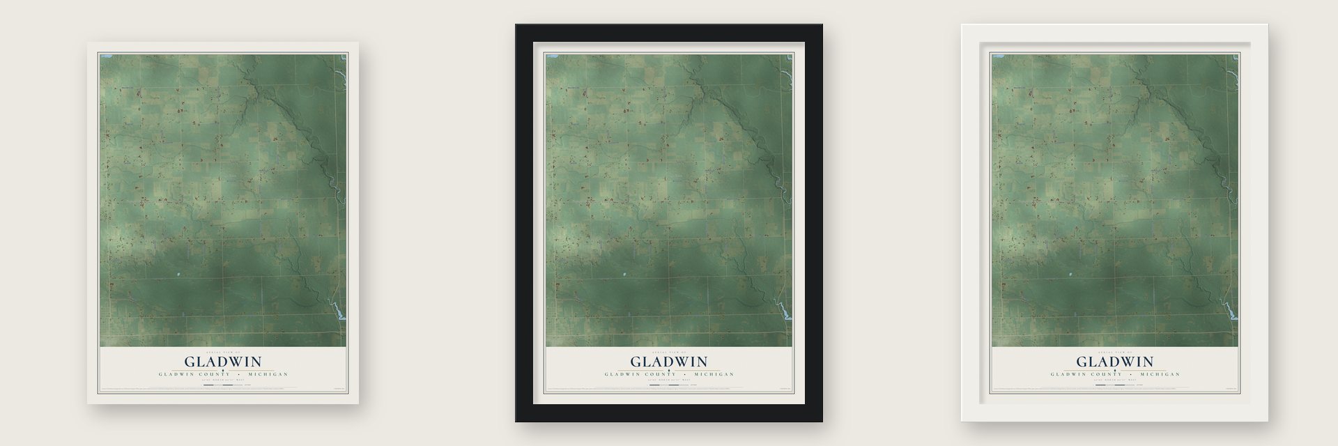 Gladwin, Gladwin County, Michigan map unframed, in a black wood frame and in a white wood frame