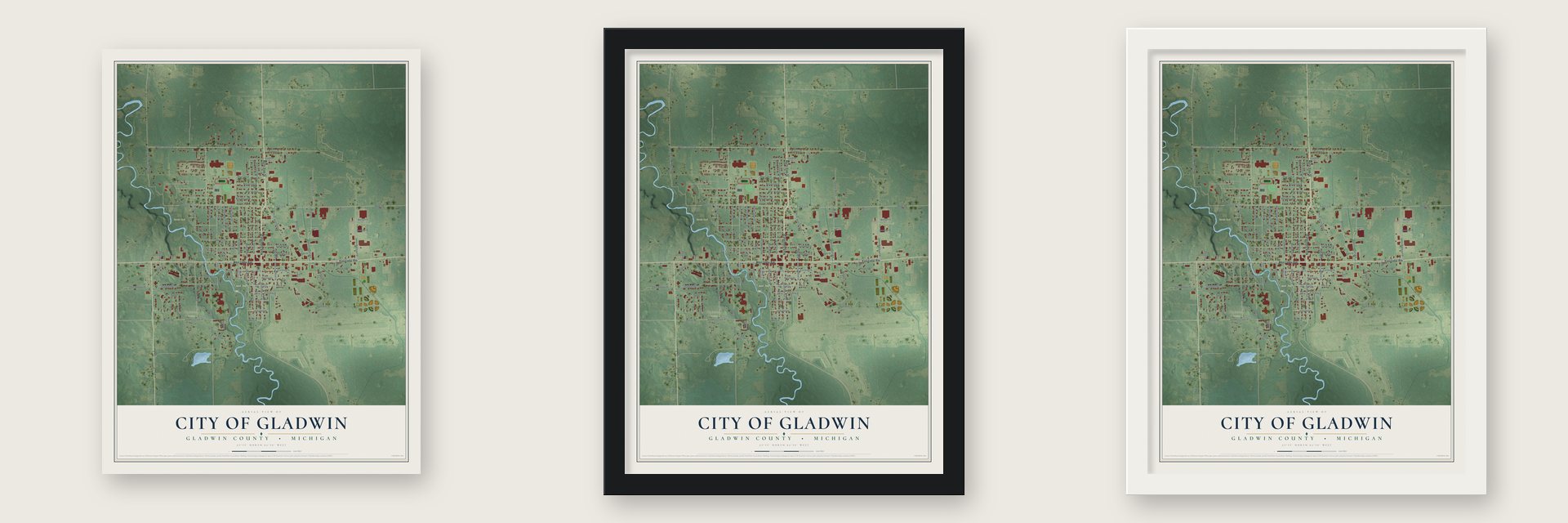 Gladwin, Michigan map unframed, in a black wood frame and in a white wood frame