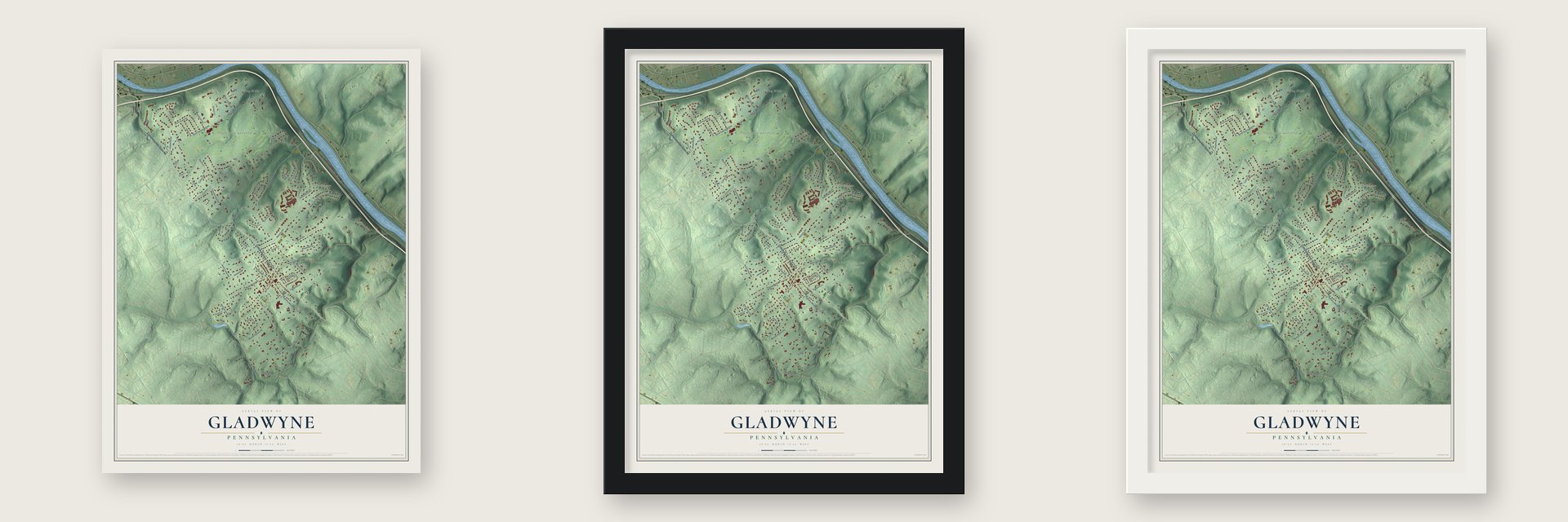 Gladwyne, Pennsylvania map unframed, in a black wood frame and in a white wood frame