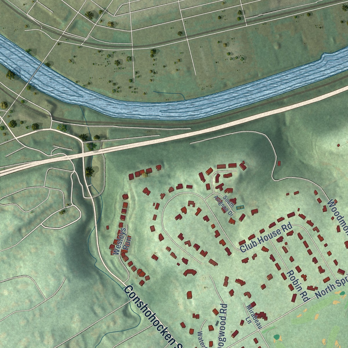Second close-up of the map of Gladwyne, Pennsylvania print showing more streets and buildings